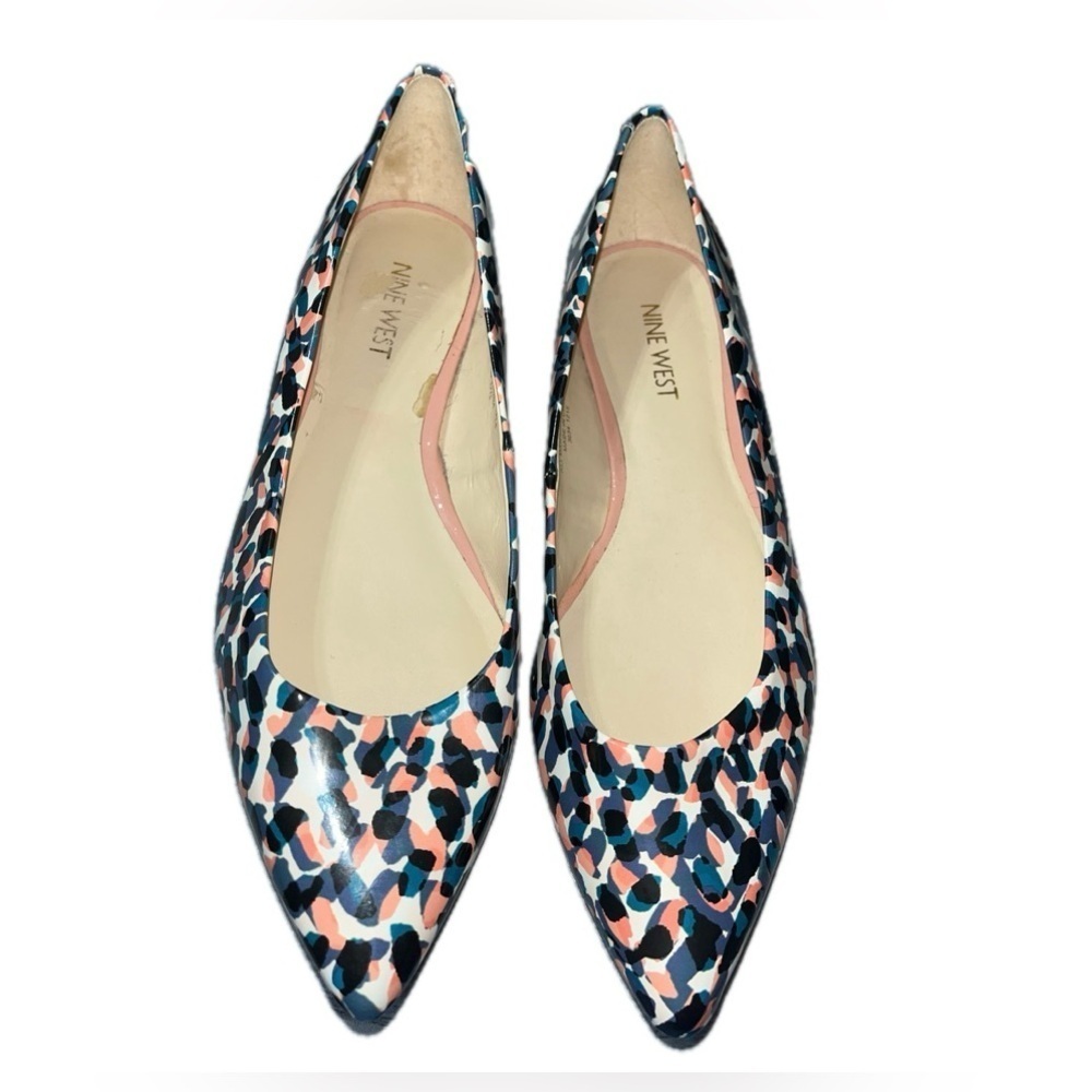 Nine West Blue Pink Black Print Pointed Toe Dress Flats Small Heel Size 8M